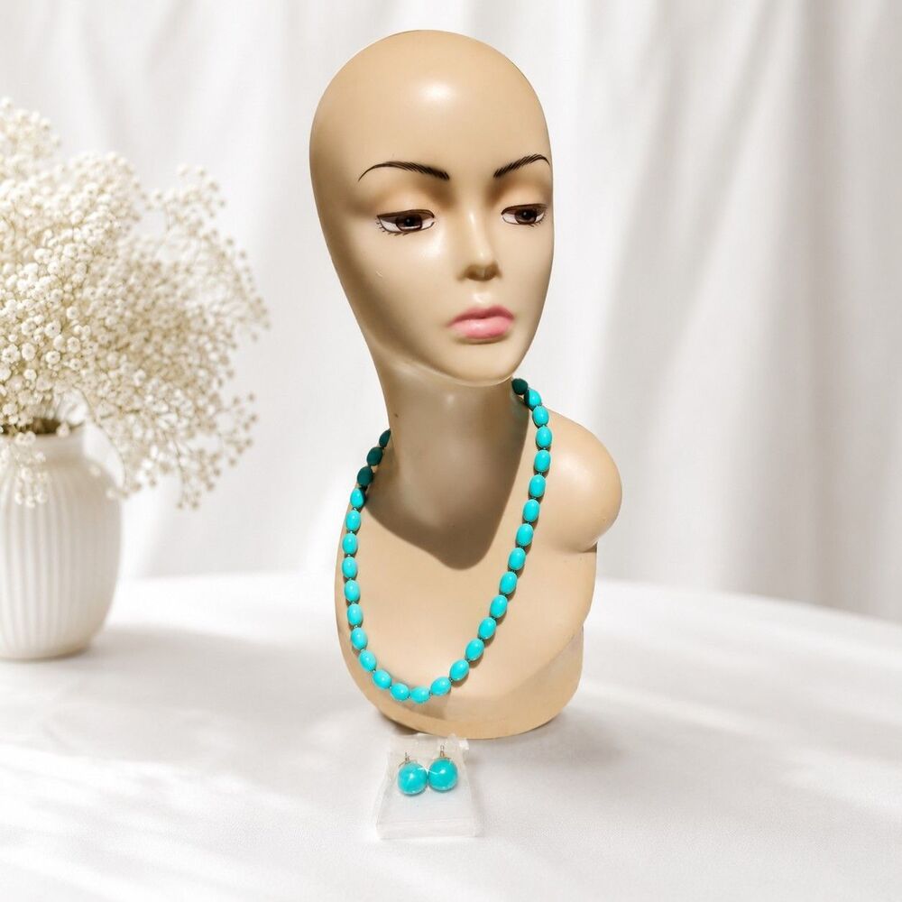Vintage Aqua Blue Lucite Bead Necklace & Matching Ball Post Earring Set MCM